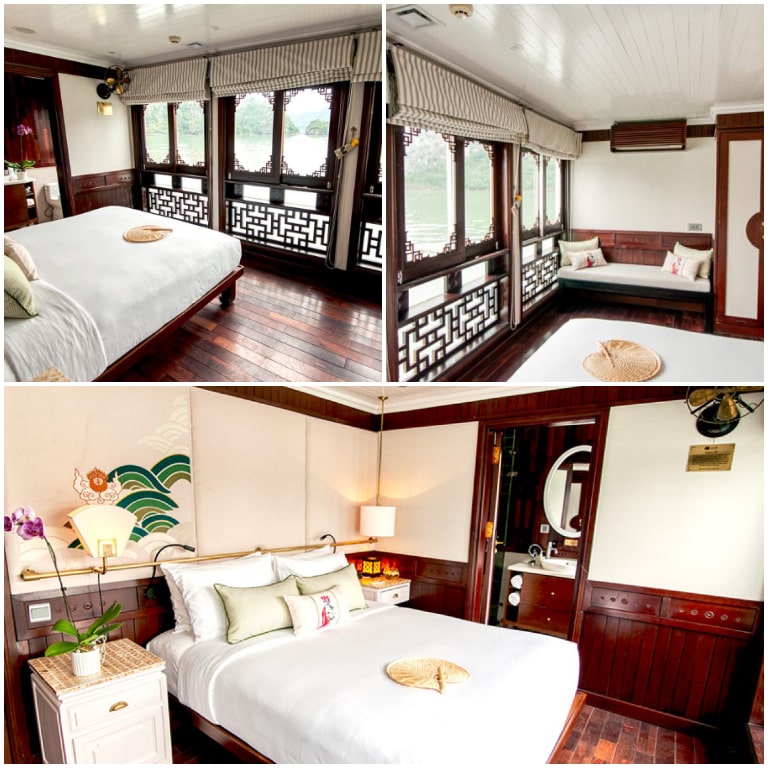 Phòng Grand Deluxe trên Du thuyền Âu Cơ có cửa sổ lớn thu gọn toàn cảnh vịnh Hạ Long. 