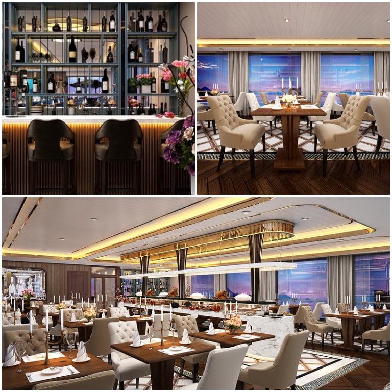 Nhà hàng Du thuyền Hermes tích hợp quầy bar inhouse và bếp mở giúp du khách thuận tiện gọi món. 