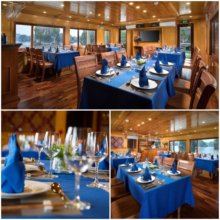 Nhà hàng nổi bật với khăn trải bàn màu xanh lấy cảm hứng từ đại dương. 
