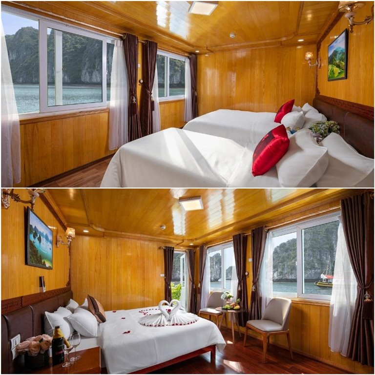 Du khách sẽ được chọn phòng Deluxe 1 giường đôi hoặc 2 giường đơn tại du thuyền Azalea. 