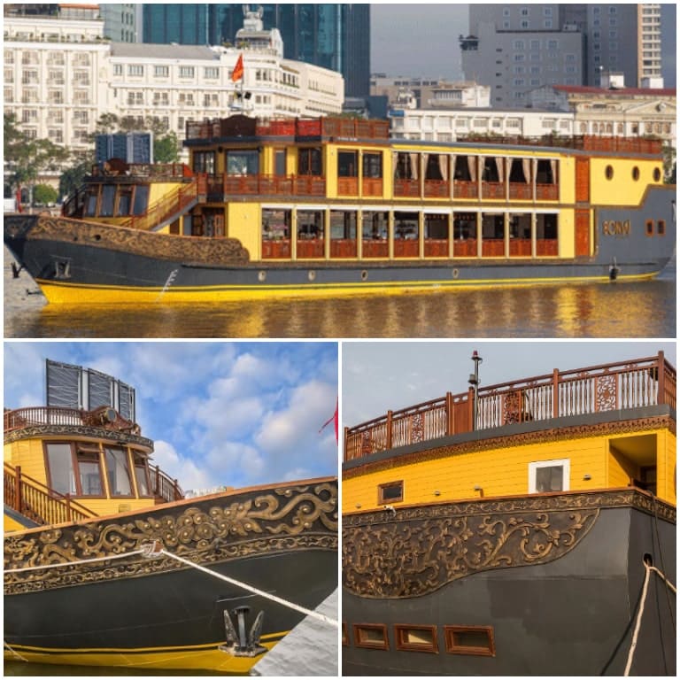 Du thuyền Bonsai 3 boong có phong cách thuyền rồng với những đường nét chạm trổ đầy tinh tế. 