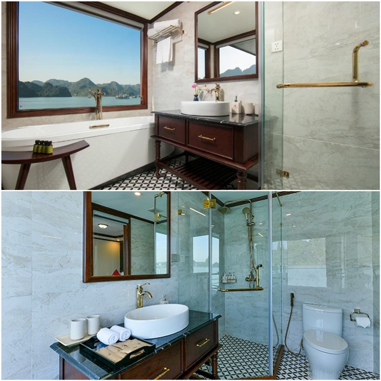 Phòng tắm có cả bồn tắm nằm sang chảnh và buồng tắm đứng vòi hoa sen hiện đại. 