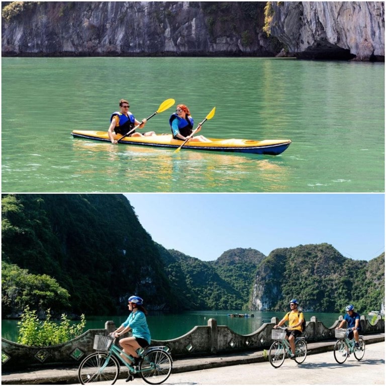 Hoạt động chèo thuyền kayak và đạp xe tại làng Việt Hải được khách hàng cực kỳ yêu thích.