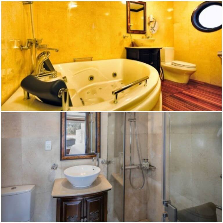 Khu vực tắm và vệ sinh rộng rãi, có bồn tắm riêng giúp du khách thoải mái thư giãn