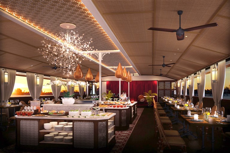 Không gian nhà hàng của du thuyền sài gòn - bonsai sang trọng, ấm cúng, phục vụ đa dạng đồ ăn, đồ uống hấp dẫn tại du thuyền sài gòn - bonsai.