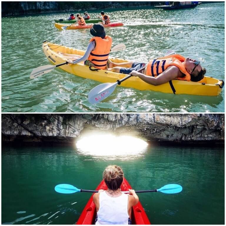 du khách trải nghiệm chèo thuyền kayak khi đến Hạ Long