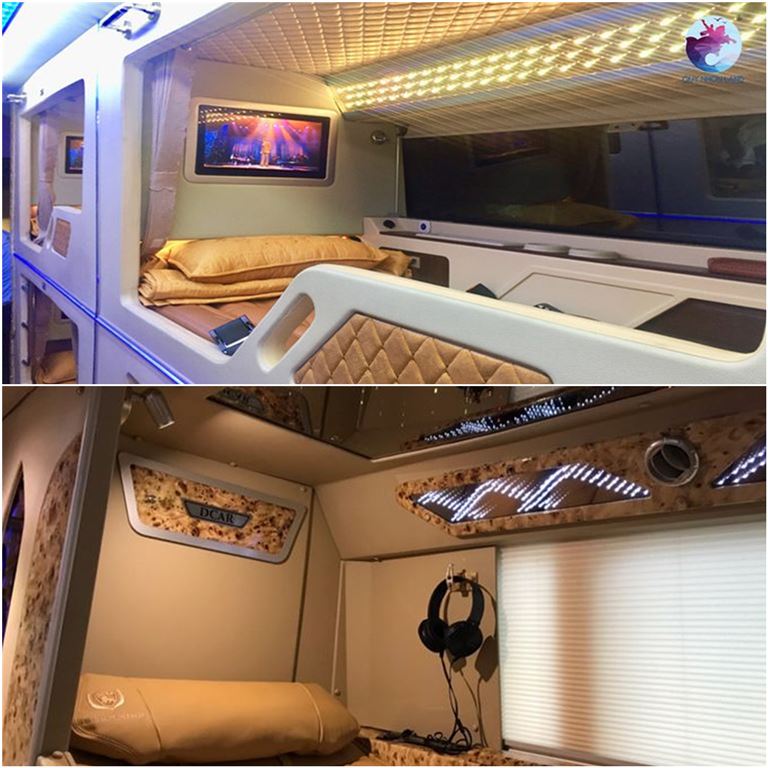 Hệ thống giường hiện đại của xe Hải Bình được bọc đệm da cao cấp, mềm mại và êm ái