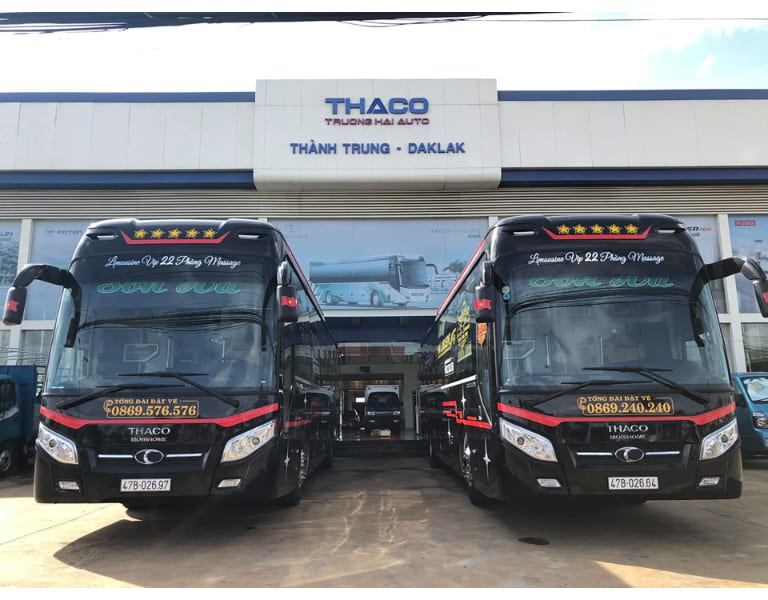 Nhà xe Sơn Hà sử dụng mẫu Thaco Mobihome chỗ đời mới nhất hiện nay phục vụ hành khách đi tuyến Đà Nẵng - Đắk Lắk, và ngược lại.