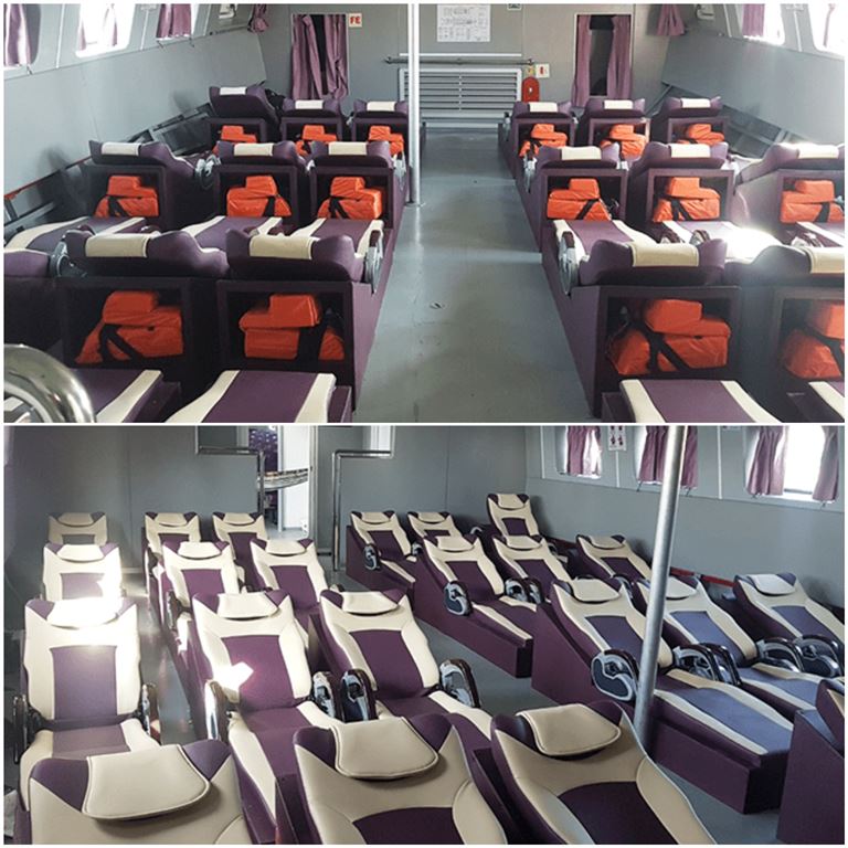 Khu vực ghế ngồi và giường nằm của khách hàng trên tàu Superdong Phú Qúy cực kỳ êm ái, thoải mái và không gây mỏi người. 