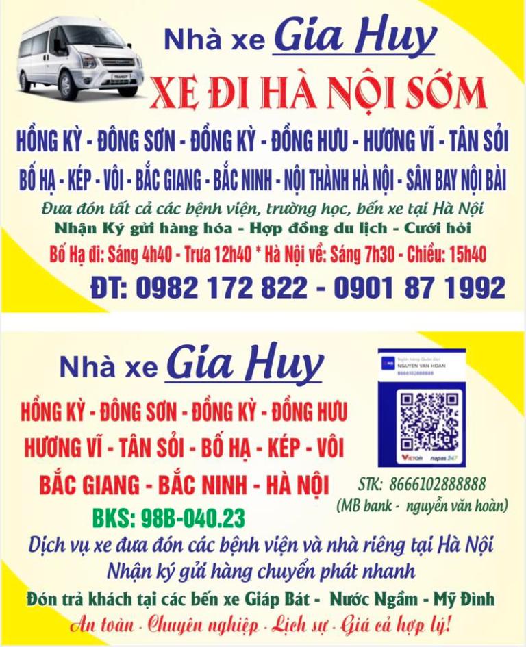 Gia Huy là đơn vị chuyên khai thác xe đi Hà Nội sớm để phục vụ bà con đi làm, đi khám bệnh và đi học.